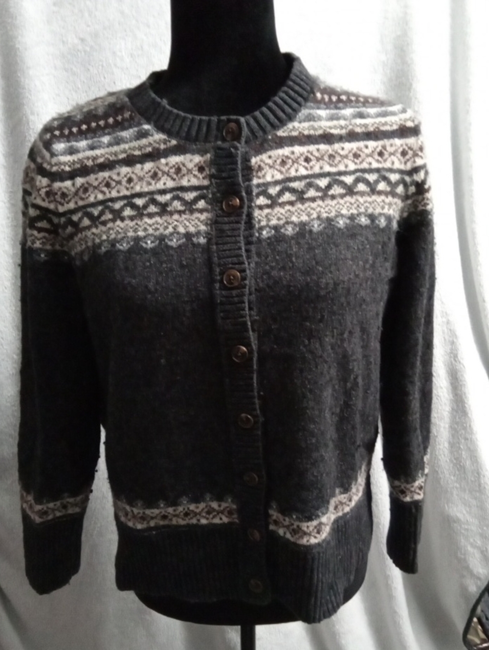 Eddie Bauer Small* Charcoal Gray Fair Isle Lambswool Blend Button Cardigan